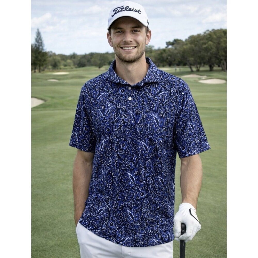 Ralph Lauren Polo Golf Shirt Mens Large Blue Black Floral EUC Preppy Business